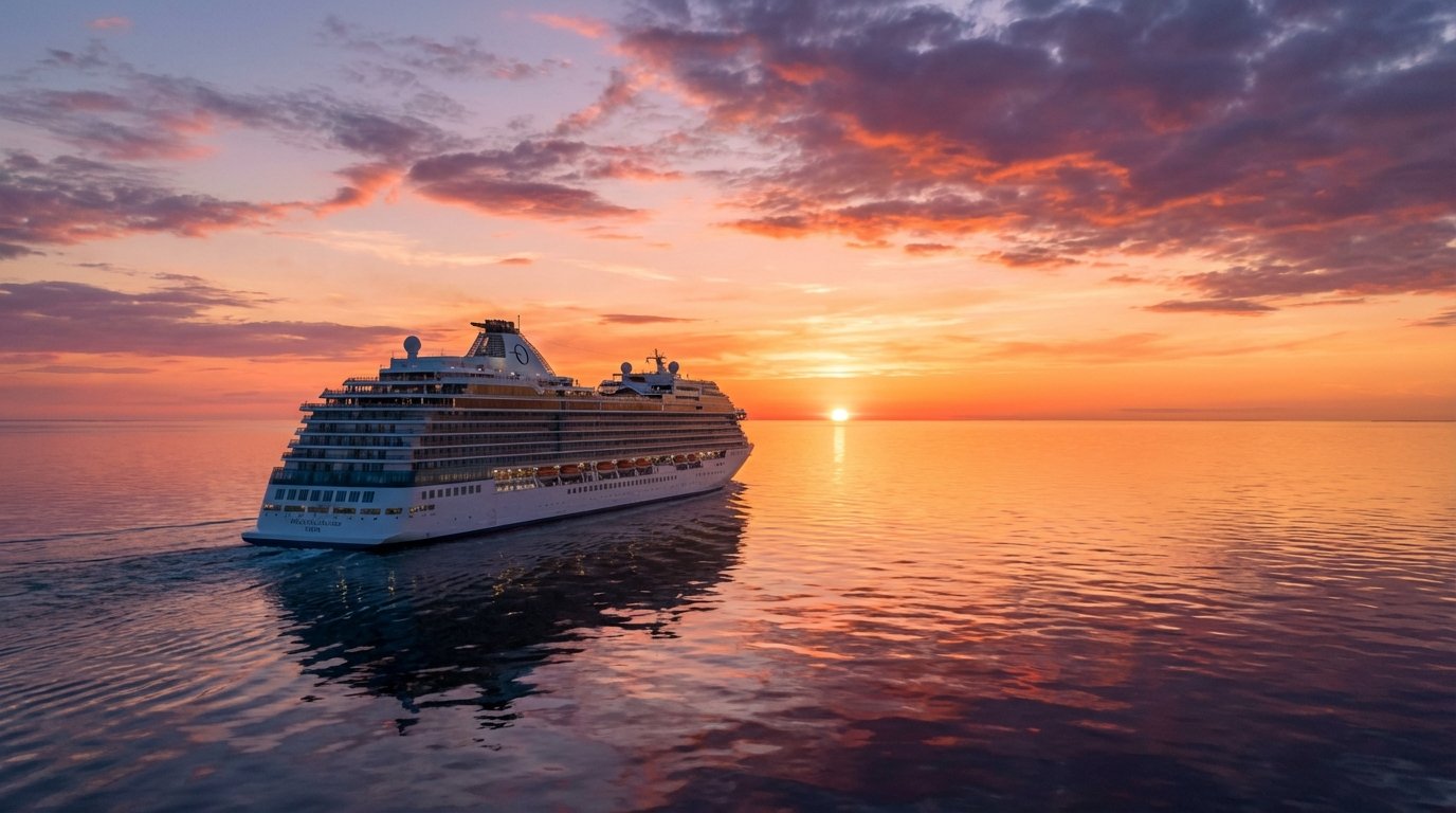 Cruise ship sailing at sunset