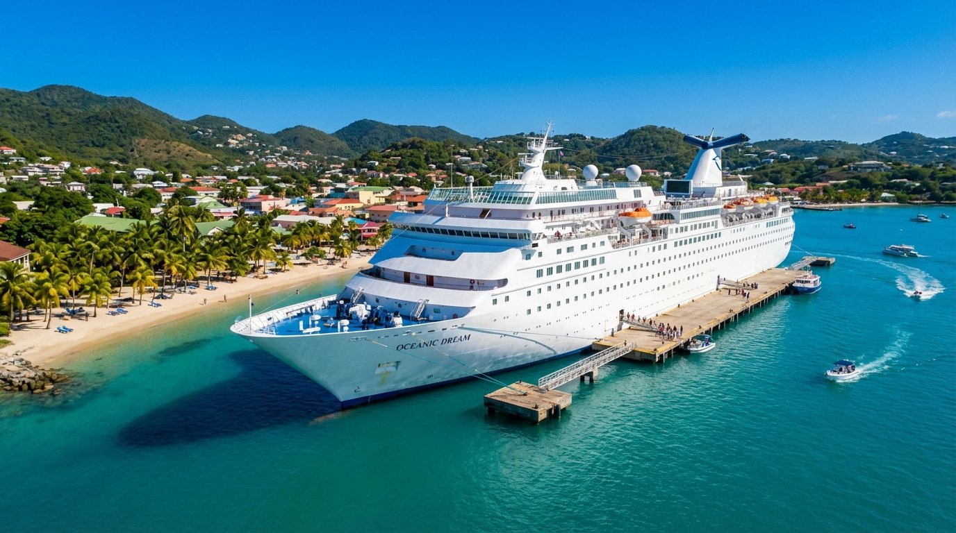 Tropical port with cruise ship